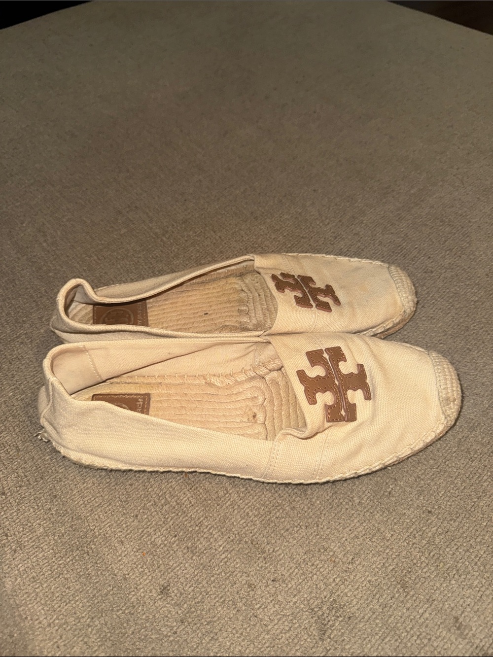 Tory Burch Cream Canvas Espadrille Flats with Brown Logo